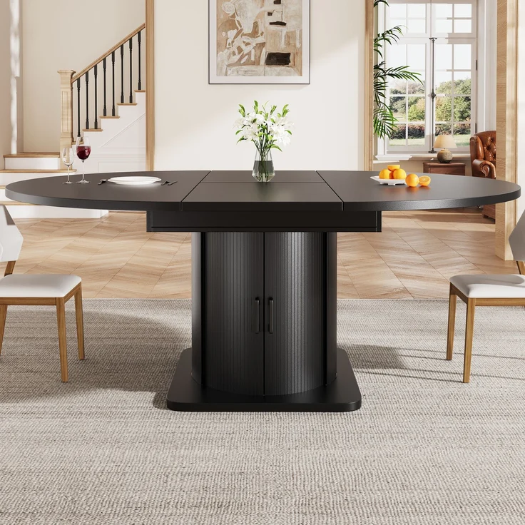 Esstisch 118-158x118x76 cm ausziehbar in Schwarz, MDF mit flexiblem Umbau und Stauraum – Bild 3