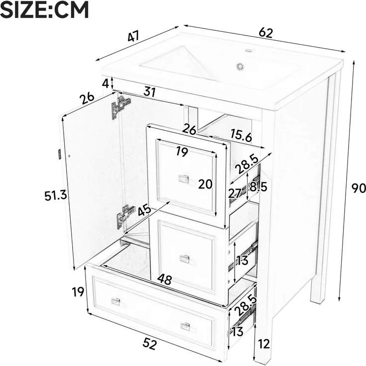 Waschtischunterschrank mit Keramikbecken 62 x 47 x 90 cm – Schwarz, 3 Schubladen und 1 Tür – Bild 4