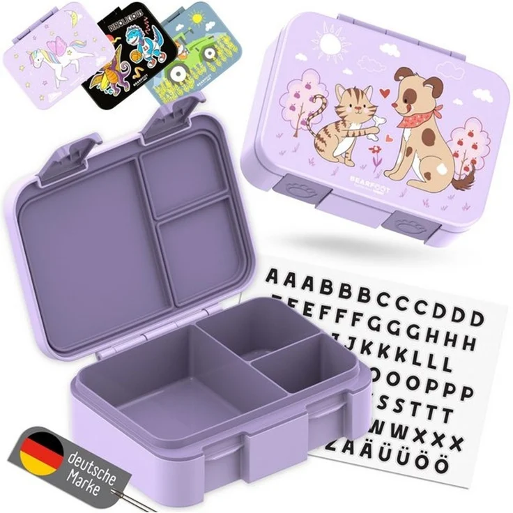 BEARFOOT Lunchbox Brotdose mit Fächern,auslaufsicher - Hund & Katze lila 650ml, PP, ABS, Silikon, Kindergarten und Schule - Mädchen und Jungen, Vesperbox, Snackbox – Bild 4