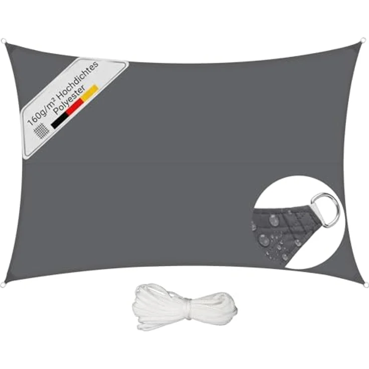 Sunula Sonnensegel Wasserdicht 3x5 m Rechteckig – hochdichtes PES 160g/m², mit umlaufendem Gurtband & Edelstahl-Ringen, Nahtversiegelung & bis zu 95% UV-Schutz, für Balkon Terrasse Garten, Anthrazit – Bild 2