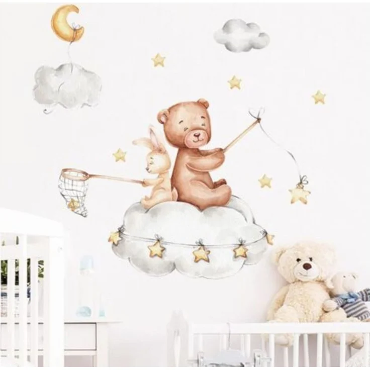 Montegoni Wandsticker Bär & Hase Wolken Wandsticker mit Mond und Sternen – Kinderzimmer (1 Set Wandsticker Bär Hase Wolken Mond Sterne), Selbstklebend, abnehmbar, wasserfest, rückstandslos entfernbar – Bild 3