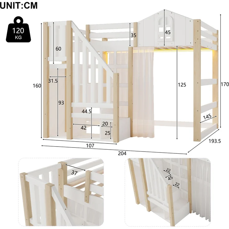 Merax 140x200cm Hochbett, Kinderbett, Mit LED-Leuchten, Ablageleiter, offenem Staufach, mit Weiße Gazevorhänge, ohne Matratze, Weiß+Natur – Bild 4