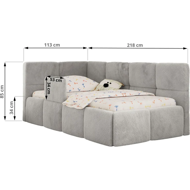 Jugendbett, Kinderbett mit Kopfteil ARVO ALTA 90x200 cm, Polsterbett mit Stauraum, hoher Schlafkomfort - Hellgrau Plüsch - Links – Bild 6