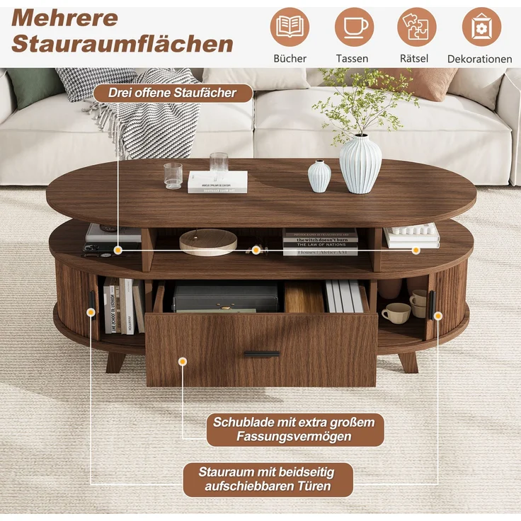 Couchtisch oval, B 100 x T 50 x H 40 cm, Walnussoptik, mit Schublade und Rolltüren – Bild 5