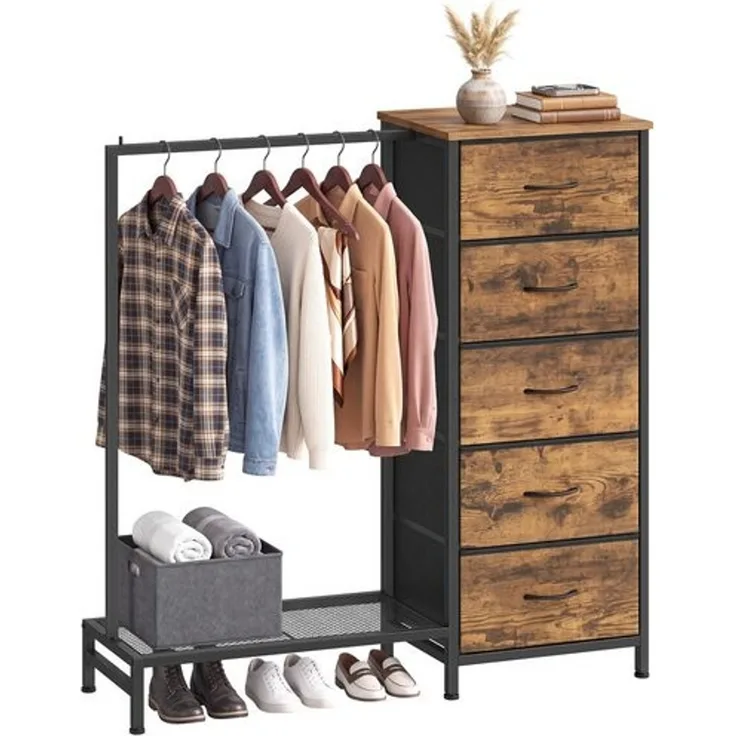 SONGMICS 3-in-1 Garderobenständer mit 5 Schubladen und Kleiderstange, 96,2 x 30 x 117,7 cm, Tan
