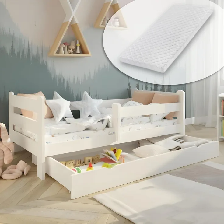 Kids Collective Kinderbett Kinder Jugendbett 80x160 und 90x200 cm Mit Schublade & Rausfallschutz, 80×160 cm, stabiles Kiefernholz, Weiß mit Matratze