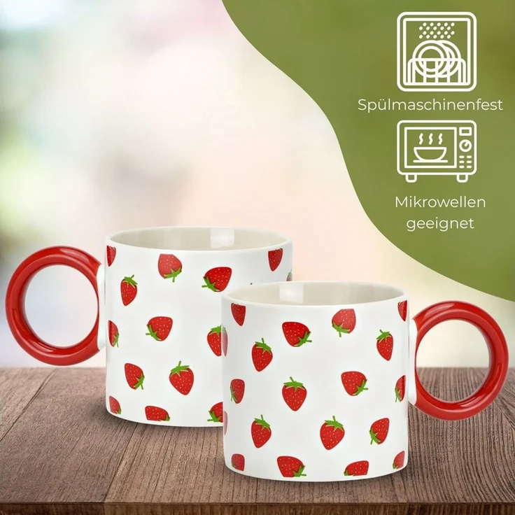 matches21 HOME & HOBBY Tasse Kaffeetassen Erdbeer Dekor, 4er Set Kaffeetasse Weiß Gelb, 4-tlg, Porzellan, Bunte Obst Frühstückstasse 330 ml – Bild 3