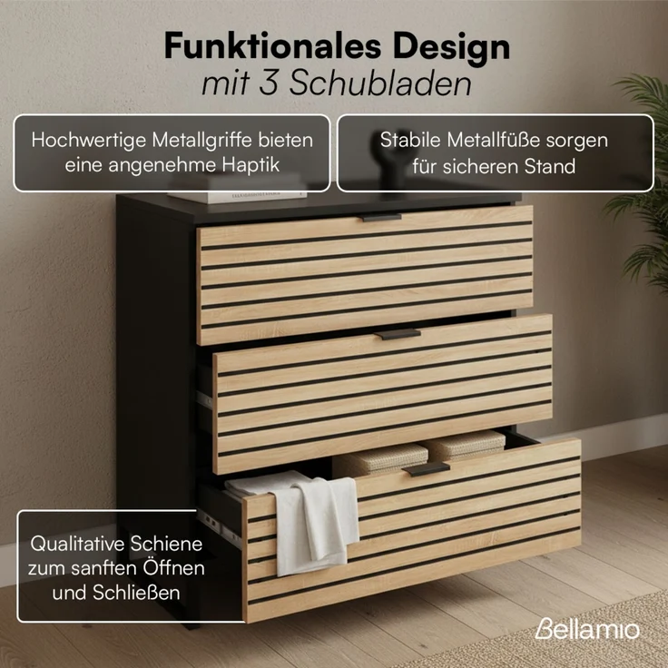 Bellamio 'Luvua' Kommode, schwarz/Eichenoptik, mit Metallfüßen, 80x40x80 cm, Schrank mit 3 Schubladen – Bild 3