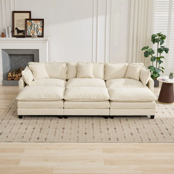 ZUBALIYA Sofa mit LED - Beleuchtung, mit Chenille - Bezug, mit Cordbezug, modular aufgebaut, aus Chenille, Beige – Bild 19