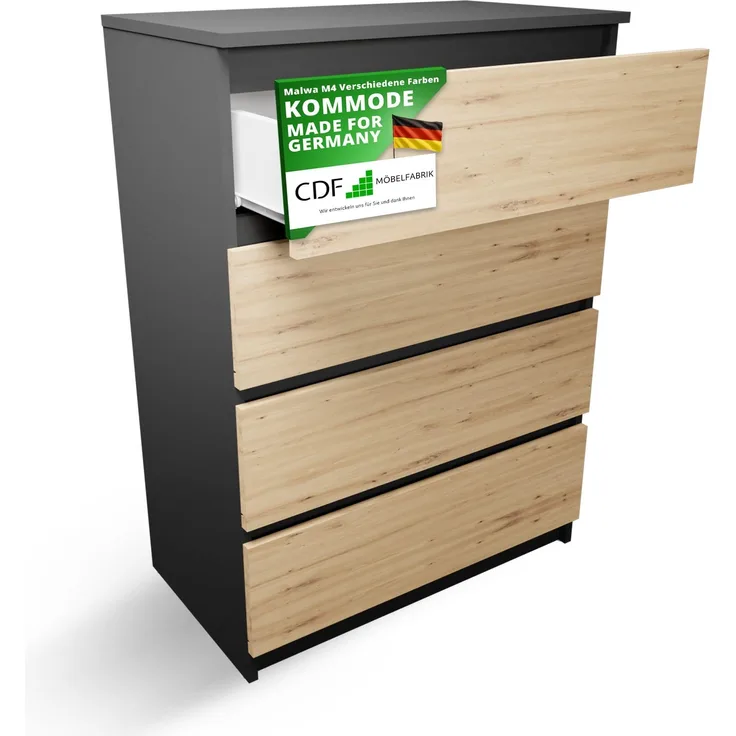 CDF Kommode Anthrazit Artisan mit 4 Schubladen 97 cm Hoch Sideboard Schmale Komode Schlafzimmerkommode für Flur Büro Schlafzimmer Wohnzimmer Schubladenschrank Regal mit Schubladen Schrank Möbelstück