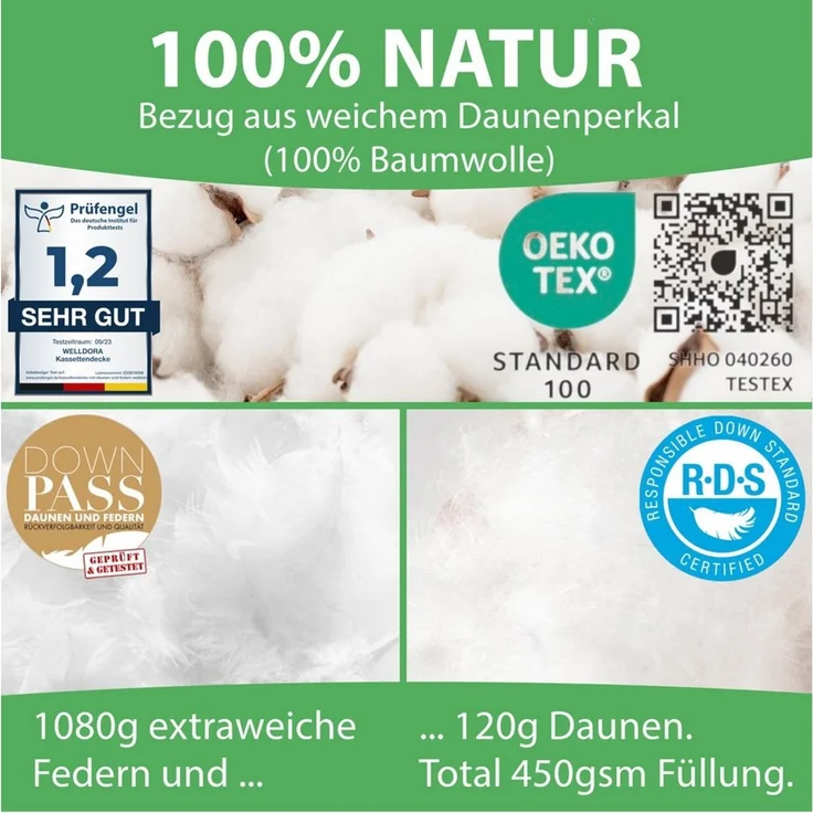 Welldora 4-Jahreszeitenbett, Komfort Bettdecke, Fachärztlich geprüft, Oeko-Tex, Allergiker, Füllung: 100% Extraweiche Federn & Daunen, Ganzjahres Federbett – Bild 2