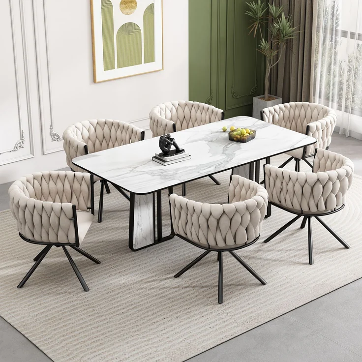 Merax Samt-Esszimmerstuhl, 6er set, Schlafzimmer-Drehstuhl, Freizeit-Drehstuhl mit vier Stützbeinen aus Metall, beige – Bild 2