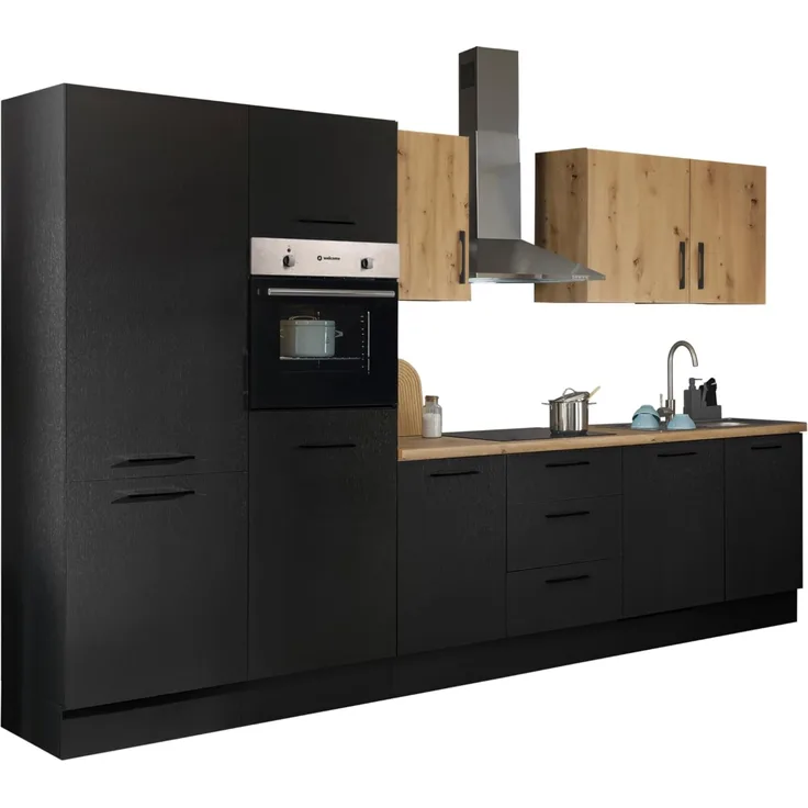 Stella Trading Turin ZB Küchenzeile 340 x 211 x 60 cm, schwarz - Ohne Küchengeräte - Moderne, geräumige Küche in Artisan-Eiche Optik mit viel Stauraum