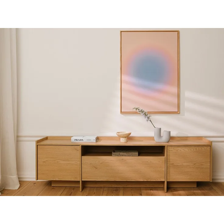 Beautysofa TV-Schrank JUNI 197 cm Japandi TV-Board mit 3 Türen (Push-to-Open, Offenes Fach, Sideboard Modern für Wohnzimmer) Eiche Cremona & Baltic Storm