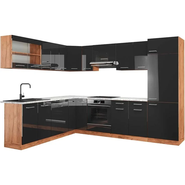 Eckküche R-Line Anthrazit Hochglanz/Goldkraft Eiche 287 x 60 cm , AP Marmor Vicco – Bild 1