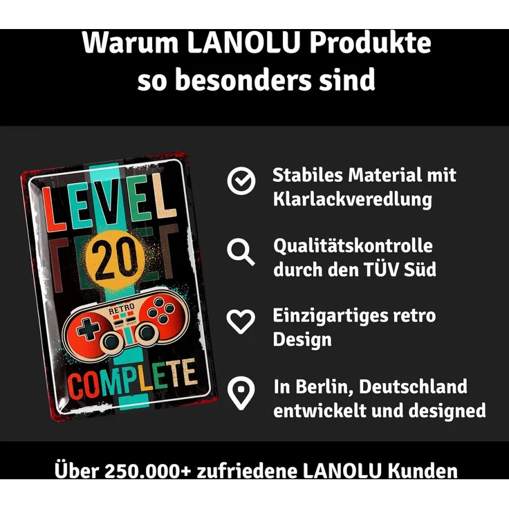 LANOLU Blechschild Retro Gaming Controller lvl. 20 - 20x30cm – Metall – Mehrfarbig – 20198 – Bild 4