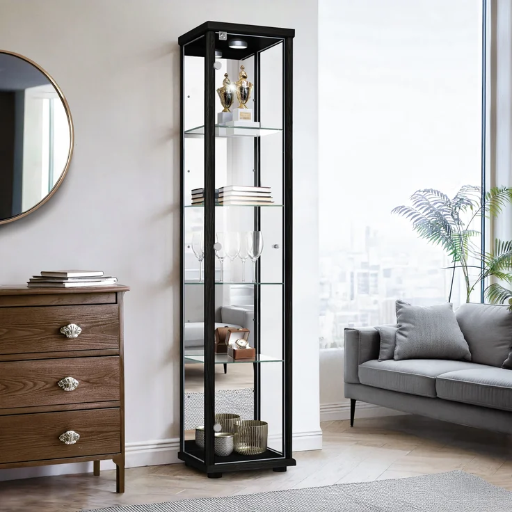K-Mbel Sammlervitrine (176x37x33cm) - Made in Germany - Vitrinenschrank Schwarz mit 4 hhenverstellbaren Glasbden, Spiegel, Schloss & LED - Glasvitrine Stehend - Display Cabinet – Bild 1