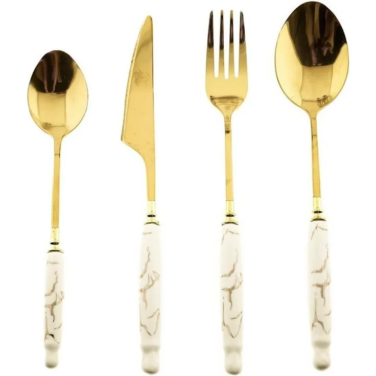 24-Teilig Besteckset mit Ständer 18/10 Edelstahl Gabel Messer Löffel Essgeschirr Keramik DS006