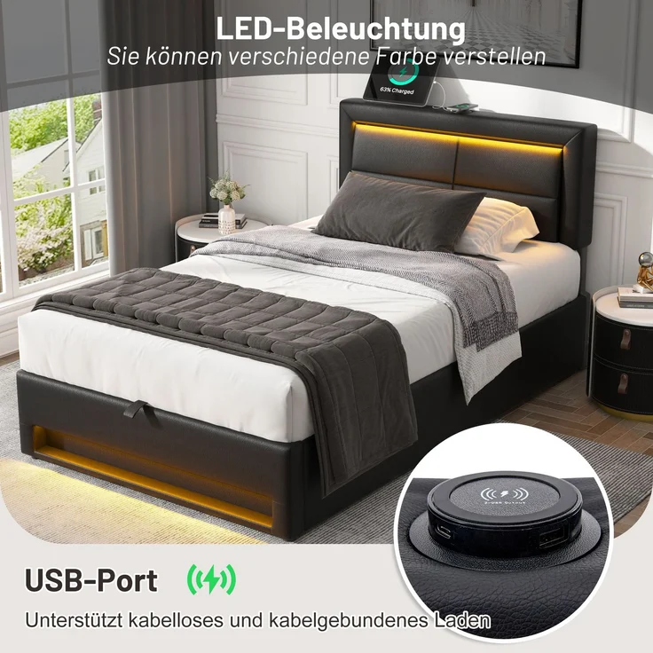 Merax Polsterbett LED Einzelbett 90x200cm mit USB-Anschluss und hydraulischem Stauraum, schwarz – Bild 2