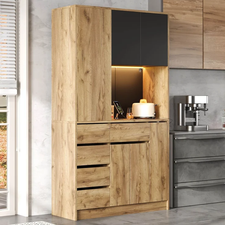 ZUBALIYA Küchenschrank 105x40x185 cm, mit LED-Beleuchtung, mit Steckdosen, mit verstellbaren Einlegeböden, aus MDF, Schwarz / Natur – Bild 16