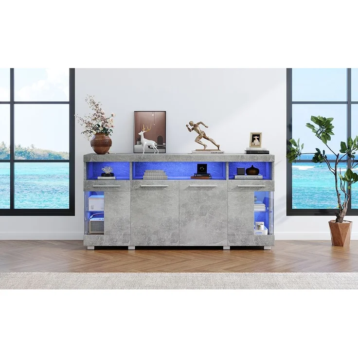 Beistelltisch Sideboard 140x40x70 cm, zementgrau mit LED-Beleuchtung & Glasfronten – Bild 1