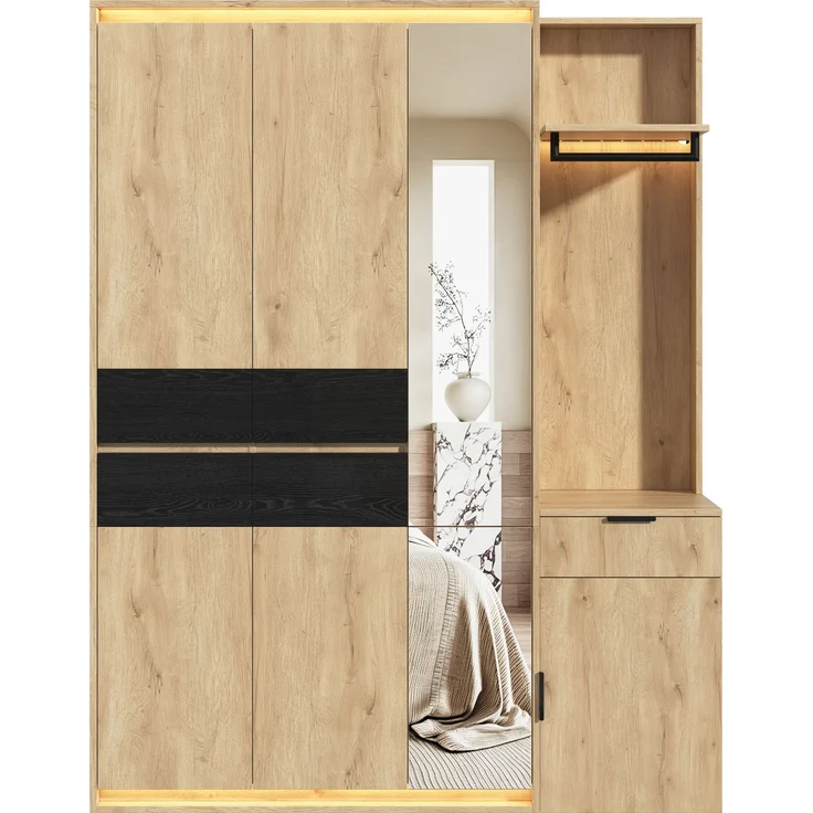 Kleiderschrank, Garderoben-Set Garderobe, mit LED-Beleuchtung und Spiegel, 155 x 47 x 200 cm, Eingangsgarderobe, mit 3 Kleiderstangen, 5 Schubladen and 3 LED-Beleuchtung, Anthrazit-eiche--Holz--155x47x200cm--YOUDENOVA – Bild 6
