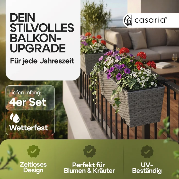 4er Set Balkonkasten Polyrattan grau – Bild 2