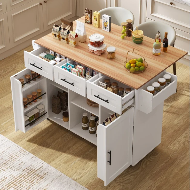 Küchenwagen aus MDF mit klappbarer Platte & Rollen, 139x46(71)x91,5 cm, Weiß – Bild 1