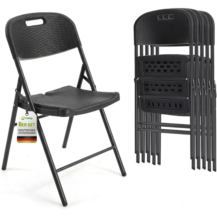 Sekey Klappstuhl 6er Set, Klappstühle aus Kunststoff und Metall, Campingstuhl Gartenstuhl Klappbar bis 150KG, Schwarz Rattanoptik – Bild 1