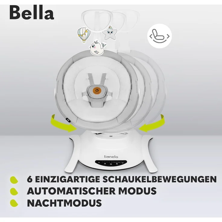 LIONELO Bella Elektrische Babywippe 360o für Babys bis 9 kg, verstellbare Rückenlehne, 5 Schaukelgeschwindigkeiten Sicherheitsgurt Erkennung von Bewegungen Anti-Rutsch – Bild 9