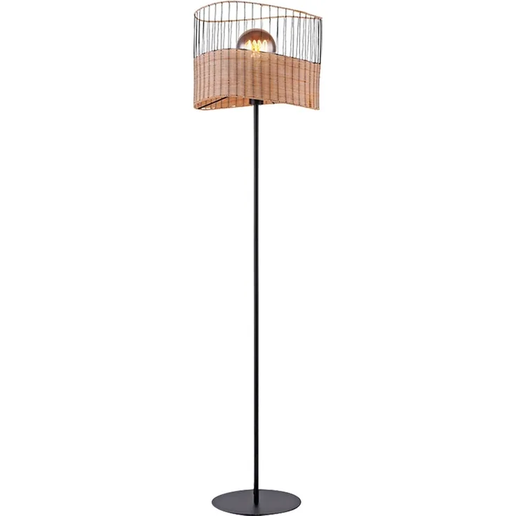 Stehleuchte, Metall, Holzgeflecht, schwarz, E27, H 152 cm