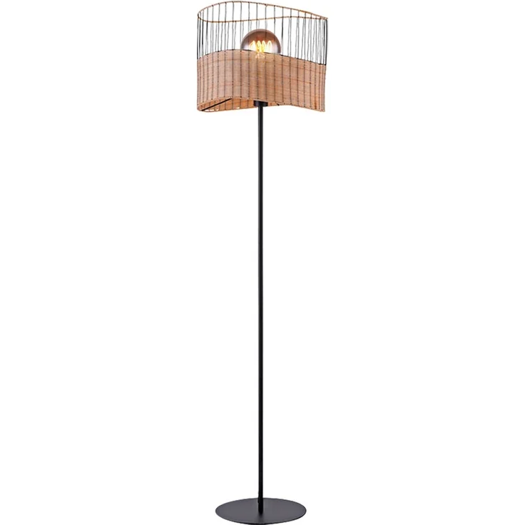 Stehleuchte, Metall, Holzgeflecht, schwarz, E27, H 152 cm – Bild 1
