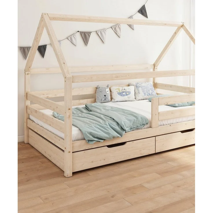 Ehrenkind Hausbett Kiefer K3 Natur und weiß 200x120 cm & 200x90 cm (mit Rausfallschutz in weiß), Hausbett 90x200 cm – Bild 2