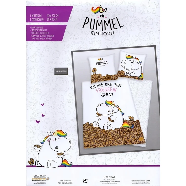 Herding Jugendbettwäsche Einhorn Biber Flanell Wende Bettwäsche 2 tlg. 135x200cm Pummeleinhorn, Flanell, 2 teilig, Ich hab Dich zum Fressen gern, warme Bettwäsche mit Wendemotiv – Bild 4