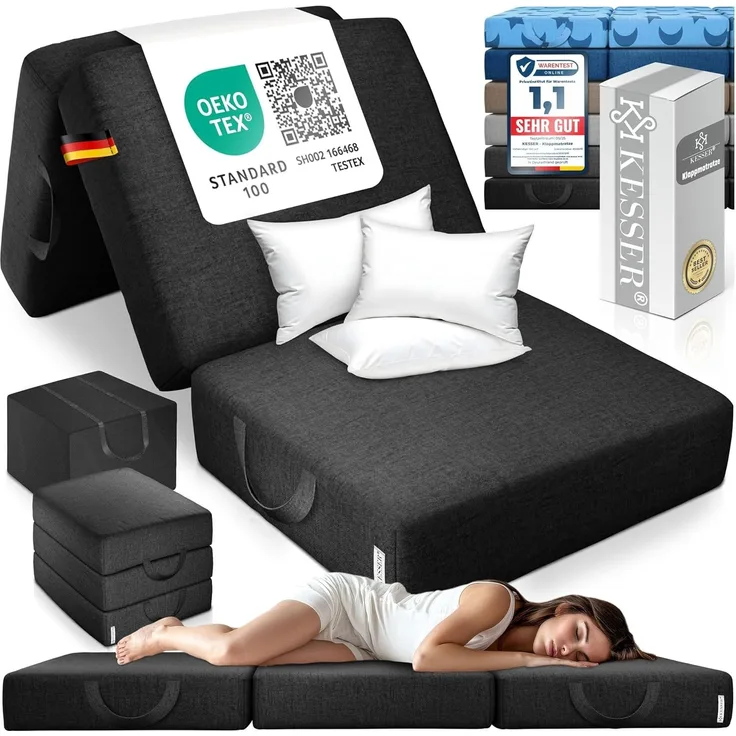KESSER® Klappmatratze Gästematratze 3-fach Faltmatratze faltbar zum Sitzhocker | Schaumstoff 25kg/m³ extra dick 15cm atmungsaktiv waschbar abnehmbarer Bezug | Matratze inkl. Camping Tragetasche Schwarz, 90 x 200 x 15 cm