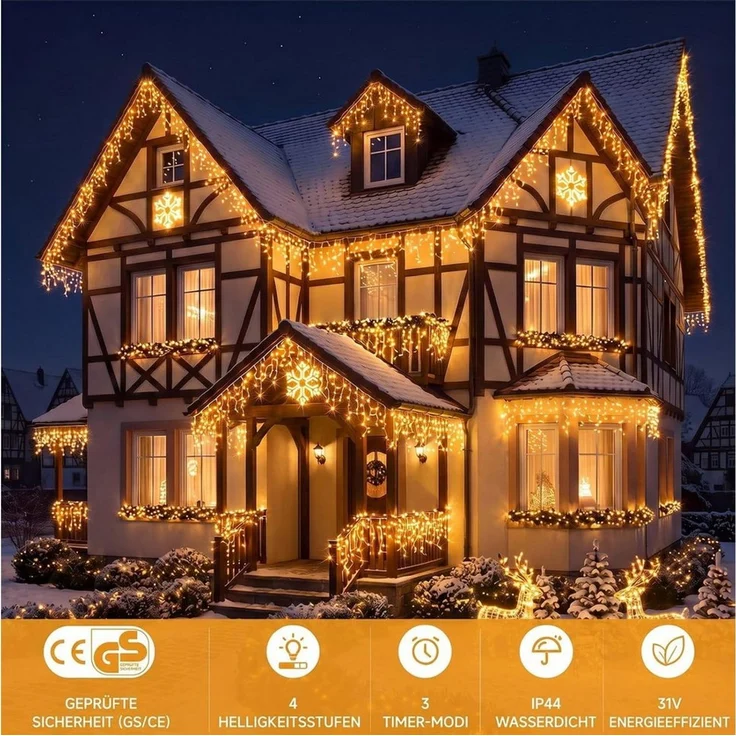GarveeMore LED-Lichterkette Eisregen für außen, extra hohe LED-Dichte, strombetrieben, warmweiß, 1100-flammig, Mit Fernbedienung & Timer, IP44, ideal für Dachrinne & Balkon – Bild 4