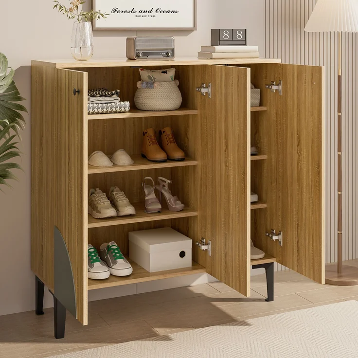 Schuhschrank in Holzoptik mit 3 Türen & Ablage, 90x32x94 cm, Holzfarbe, mit PVC-Beinen – Bild 5