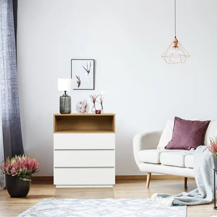 hjh LIVING Kommode mit 3 Schubladen, 1 offenes Fach MELMO K 80 x 40 x 100 cm Highboard Schrank im skandinavischen Stil, griffloses Design, Weiß/Eiche – Bild 3