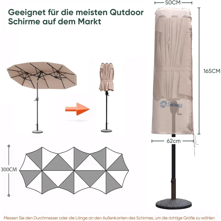 Sekey Schutzhülle für DoppelSonnenschirm, Abdeckhauben für Sonnenschirm,100% Polyester, Taupe - 270x460 CM – Bild 2