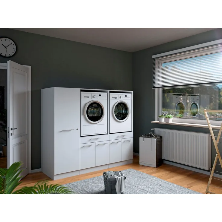 Laundreezy Waschraum Komplett-Set, Weiß - Modulares Schranksystem für Waschküche & Hauswirtschaftsraum - 186 x 162 x 68 cm (B/H/T)