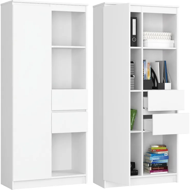 Home Collective Bücherregal Schrank Büroregal weiß 80cm breit 180cm hoch, Aktenschrank, Büroschrank, Mehrzweckschrank, mit Tür und 2 Schubladen mittig
