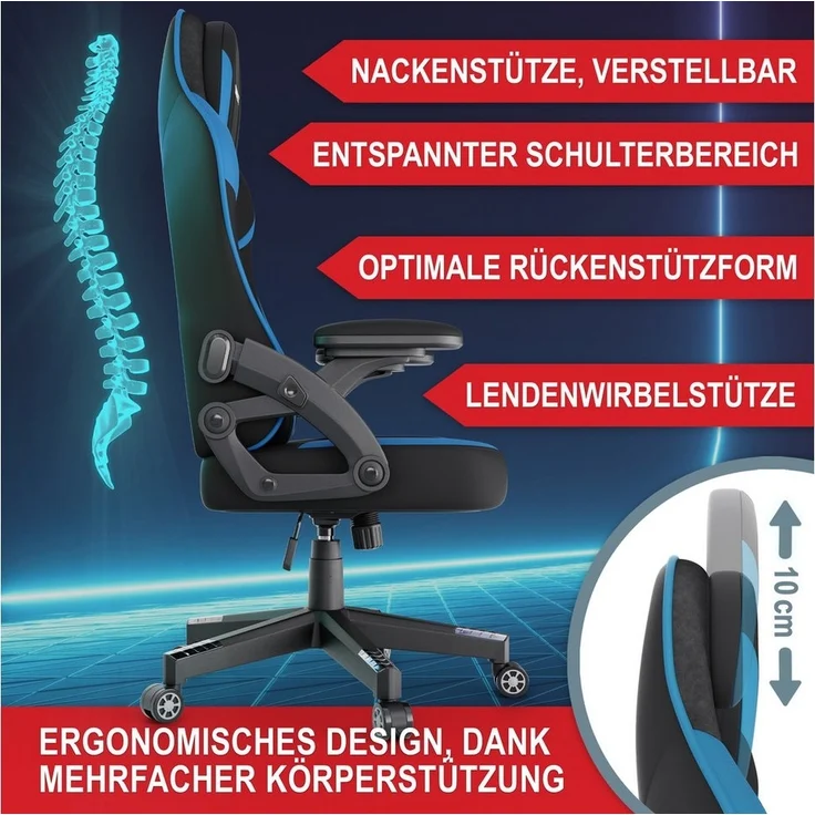Onbest Gaming-Stuhl ergonomisch mit Lordosenkissen bis 150kg, 360°, verstellbare Armlehnen Kopfstütze Rückenlehne – Bild 2