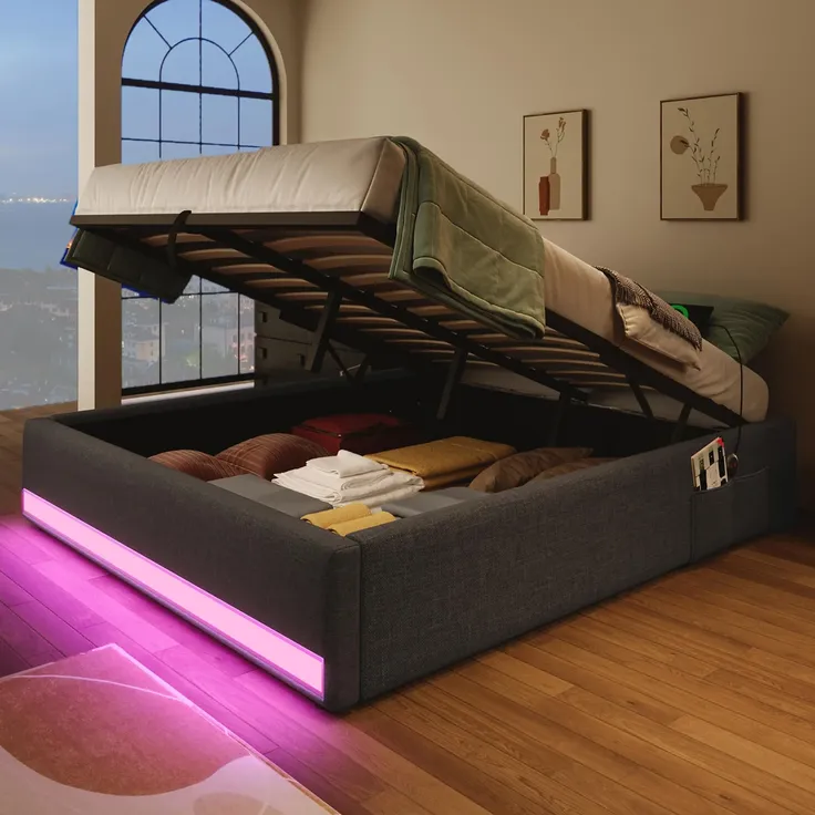 Futonbett mit LED-Beleuchtung, Aufbewahrung und Mehrfachsteckdose, 140x200 cm, Doppelbett ohne Kopfteil, Leinen – Bild 2