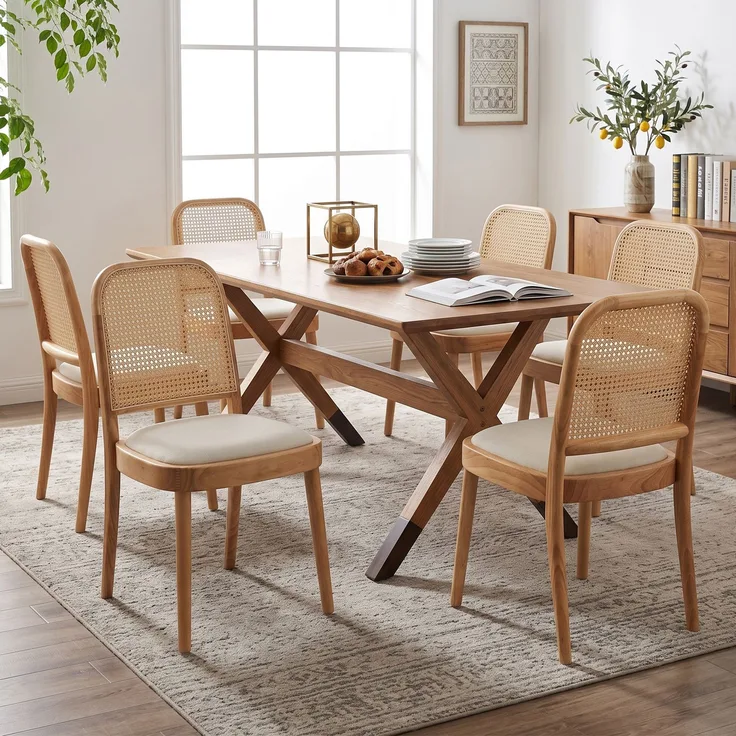 6 Esszimmerstühle aus Massivholz mit Rattan-Rückenlehnen, bequem und atmungsaktiv, geeignet für Esszimmer, Wohnzimmer, Cafés, moderner Stil, Leinen, Holzfarbe--Holz--52x45x84cm--YOUDENOVA