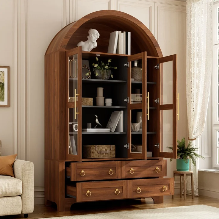 Flieks Vitrinenschrank, Hochschrank mit 3 Glastüren, 4 Schubladen & offener Bogennische, 110 x 40 x 185 cm, Walnussholzfarbe – Bild 2