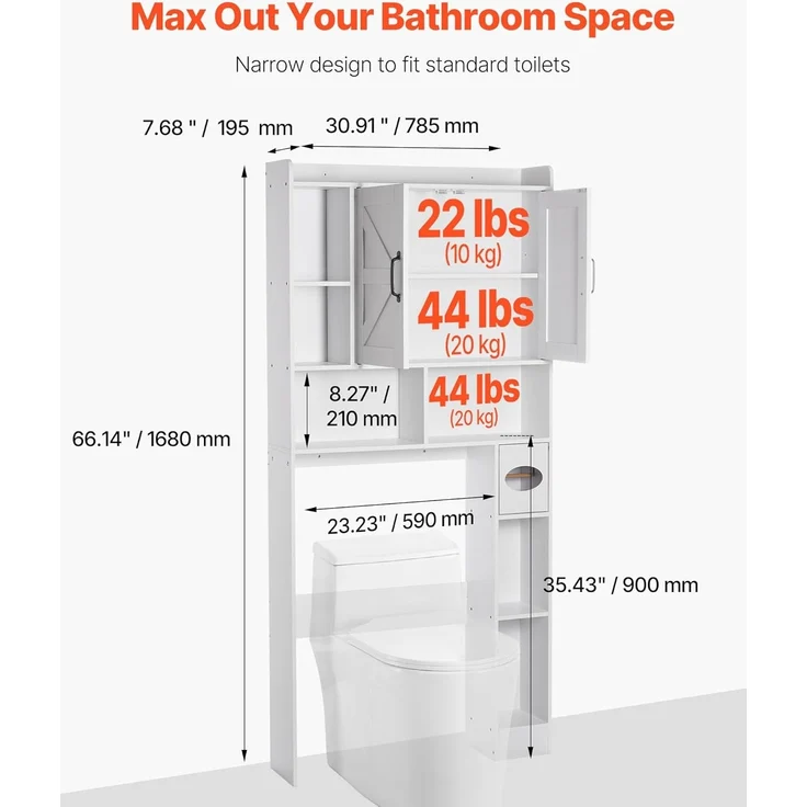 VEVOR Toilettenschrank Badezimmerschrank mit Doppeltür & verstellbarem Regal, platzsparender 4-stöckiger Badschrank über der Toilette mit offenem Regal, 1680 x 785 x 195 mm Aufbewahrungsschrank weiß – Bild 3