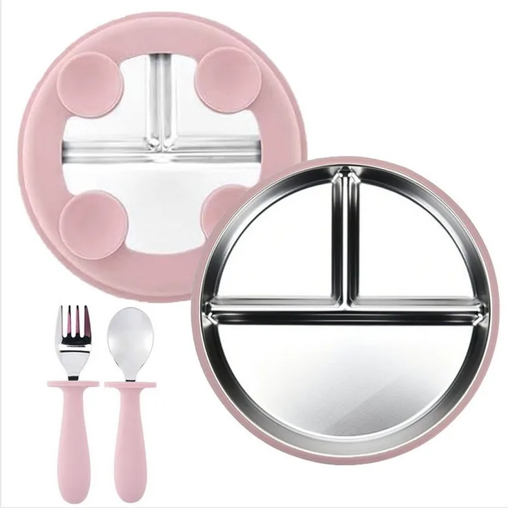 Mutig Kindergeschirr-Set 3 Stück Edelstahl Baby Teller mit Silikon Saugnapf mit Löffeln&Gabeln, 1 Personen, Spülmaschinenfest & BPA Frei mit Unterteilung,Für Kinder geeignet