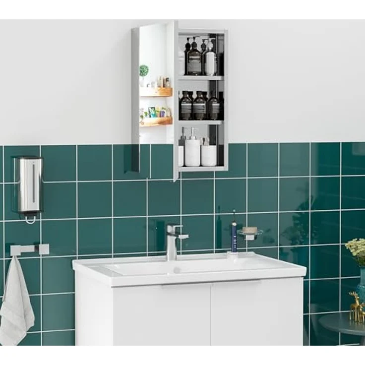 Kleankin Spiegelschrank wandmontierter Schrank mit Flügeltür und Ablagefächern (Hängeschrank, 1-St, Badezimmerschrank) für Badezimmer, Silber – Bild 3