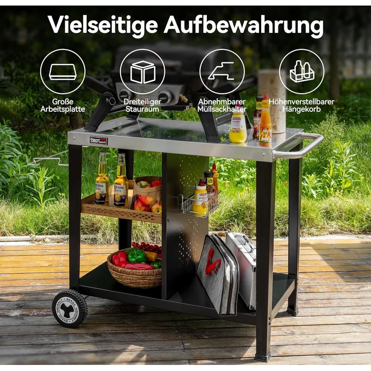 Royal Gourmet Grillablagetisch Grilltisch mit 85x50 cm Edelstahlplatte, 3-Etage Grillwagen, Mobiler Mehrzweck-Küchenwagen – Bild 4