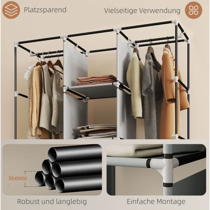 Stoffschrank 125x43x162,5 cm mit 8 Regalen und 2 Kleiderstangen – hellgrauer Faltschrank – Bild 5